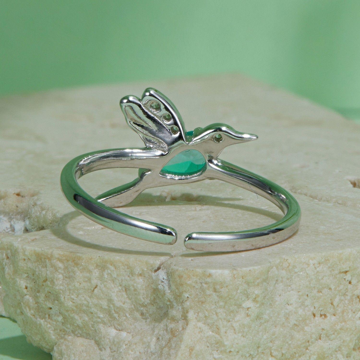 Anillo Plata 925 Colibrí Picaflor Ave Cristal Verde-5