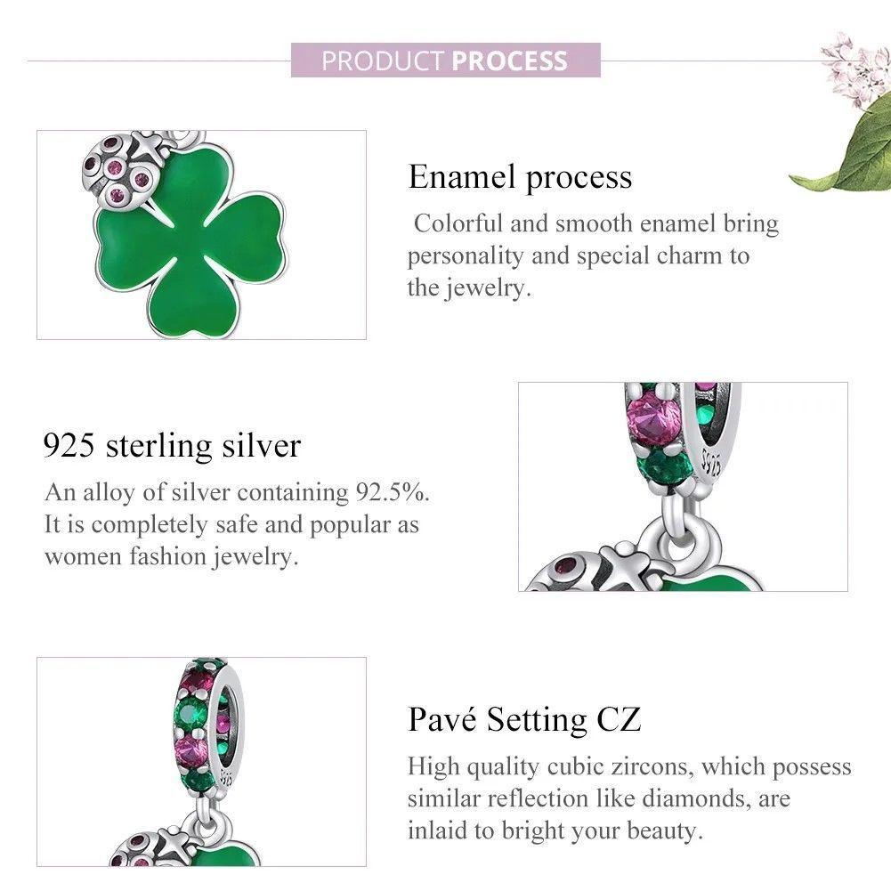 Charm Dije Plata 925 Trebol Verde Mariquita-4