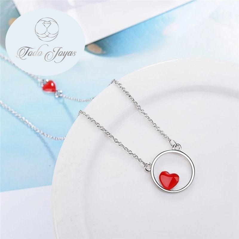 Collar Colgante Corazon Circulo Plateado-2