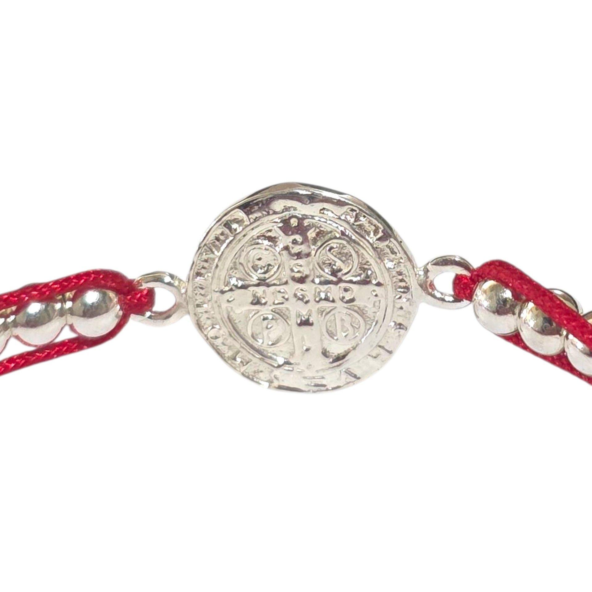 Pulsera Plata 925 San Benito Hilo Rojo Bolitas Trenzado-3