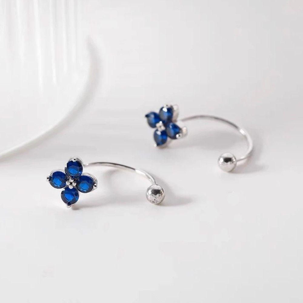 Aros Plata 925 Pasador Flor Azul Bolita-3