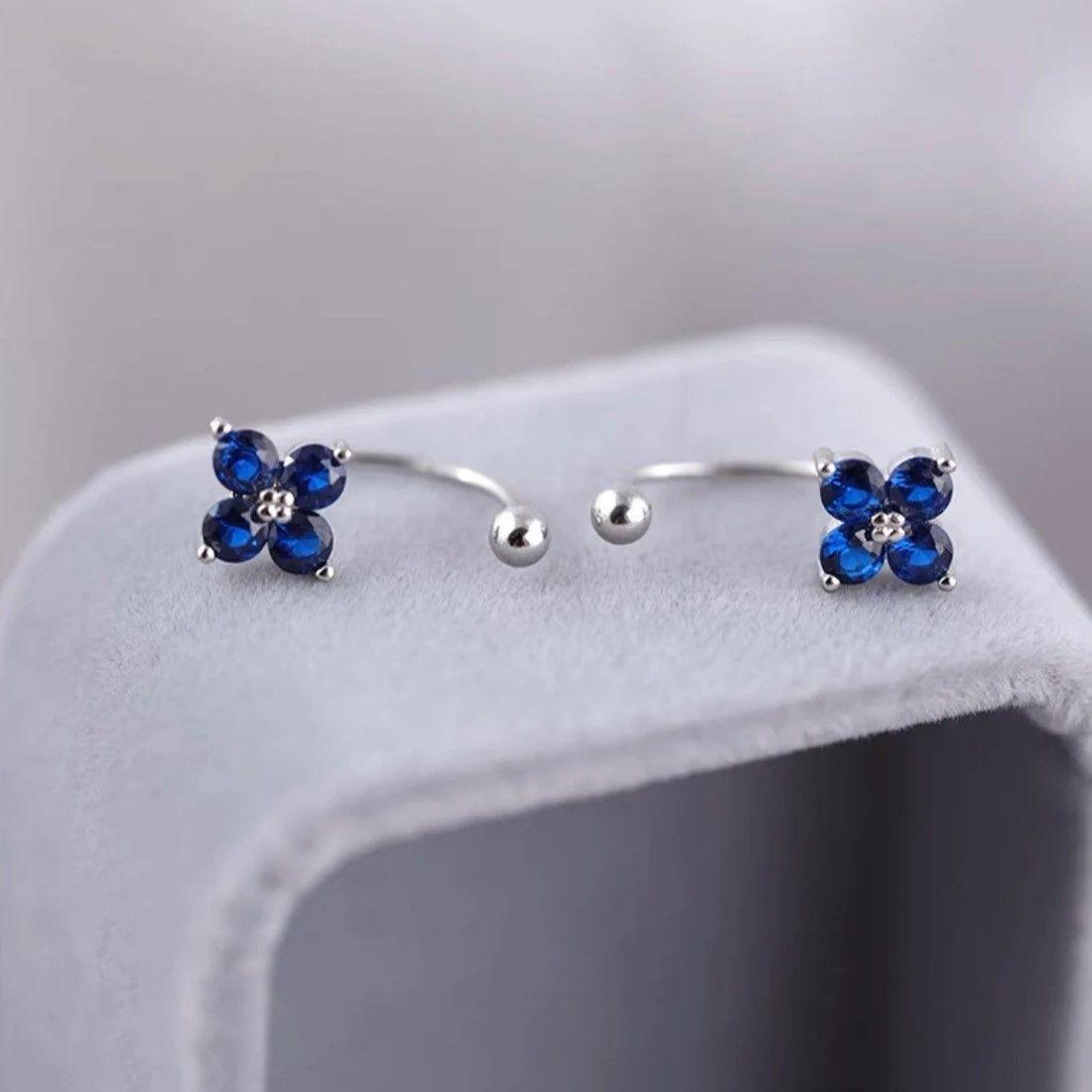 Aros Plata 925 Pasador Flor Azul Bolita-4