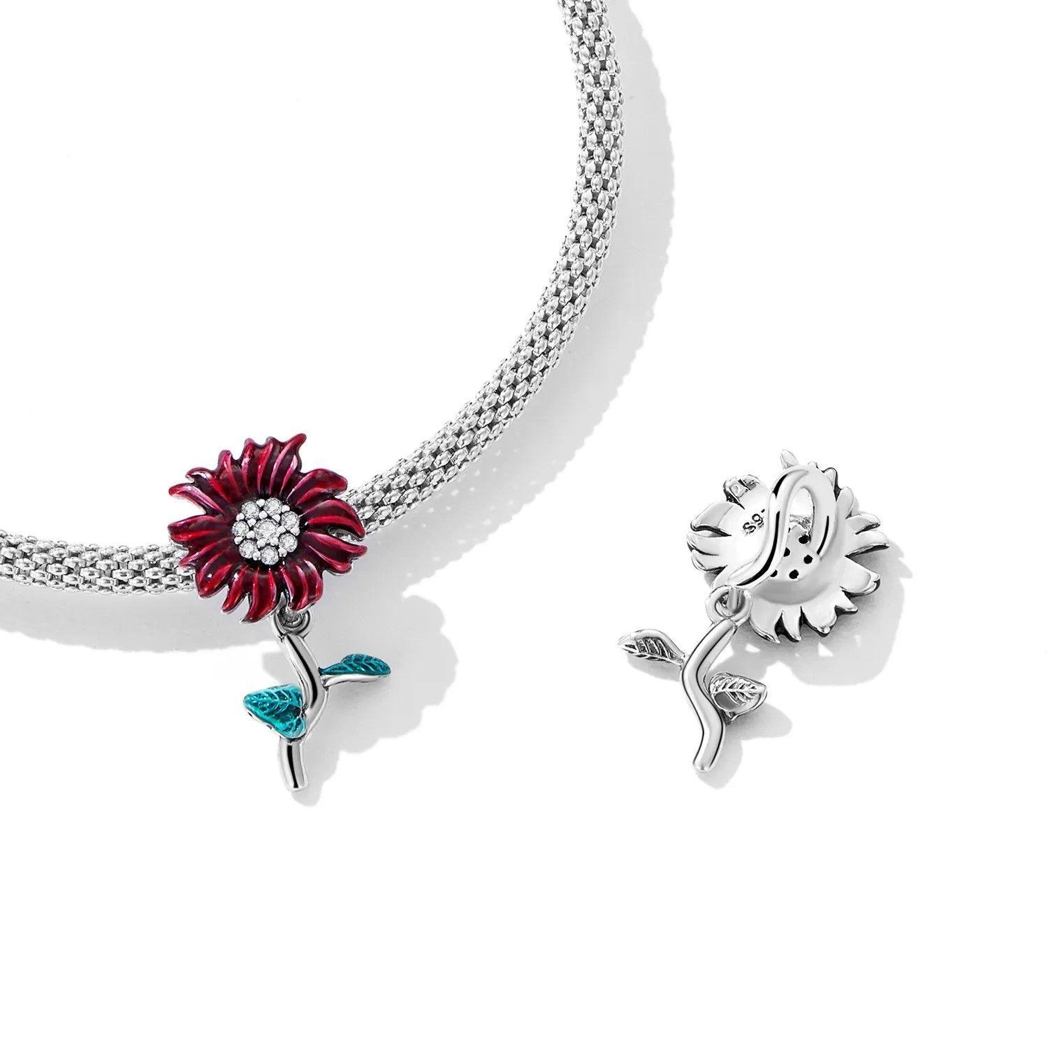 Charm Dije Plata 925 Flor Margarita Roja-3