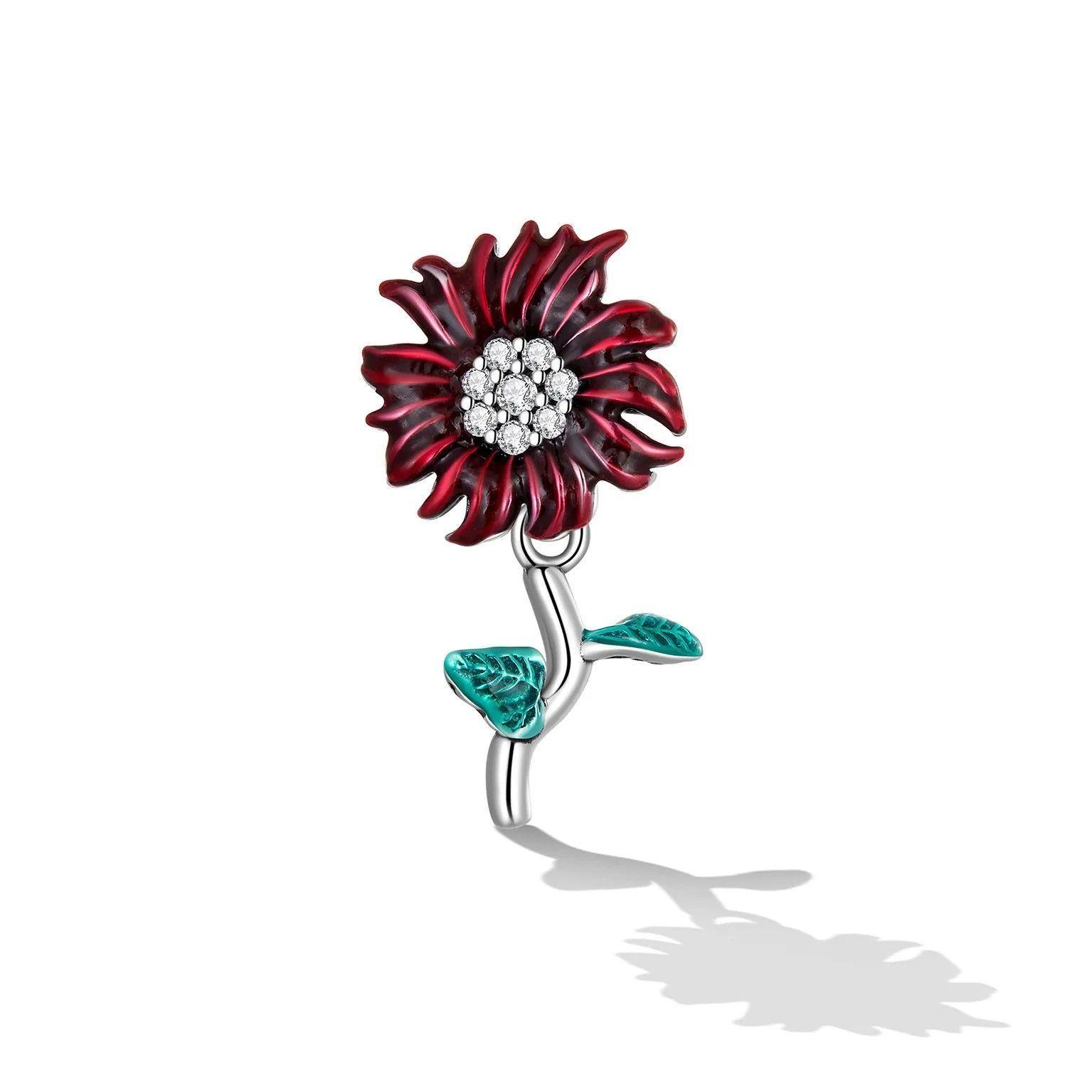 Charm Dije Plata 925 Flor Margarita Roja-4