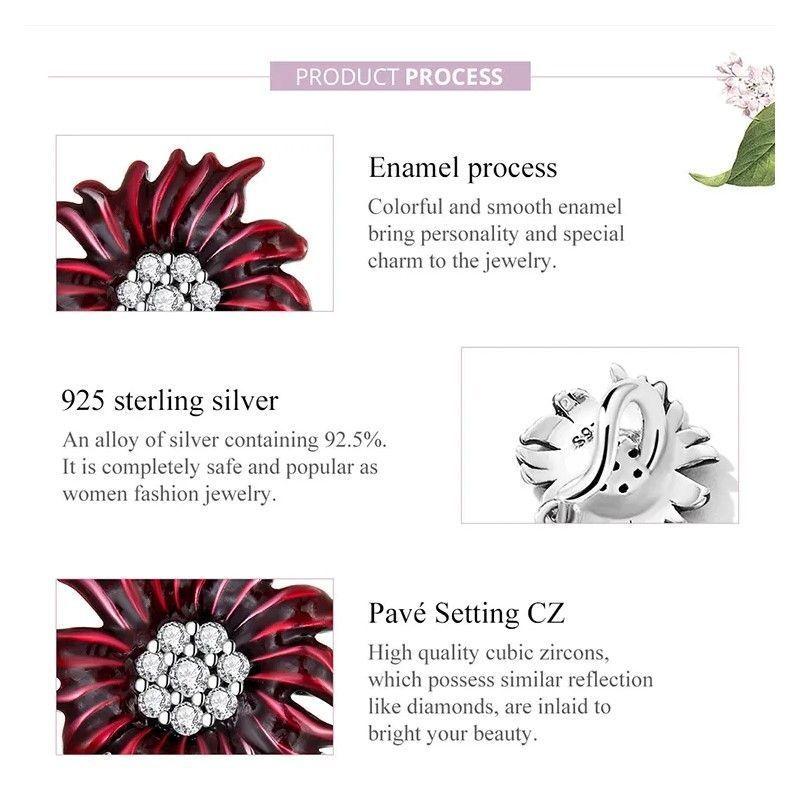 Charm Dije Plata 925 Flor Margarita Roja-6