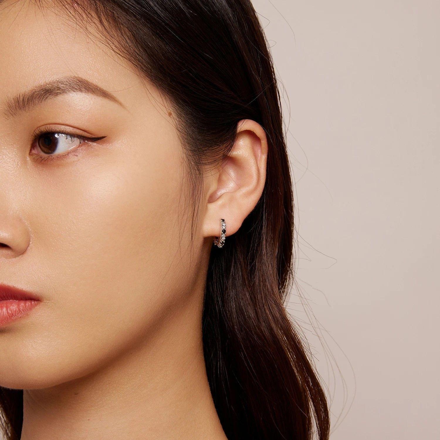 Aros Plata 925 Argollas Huggies Onix Color Negro-5