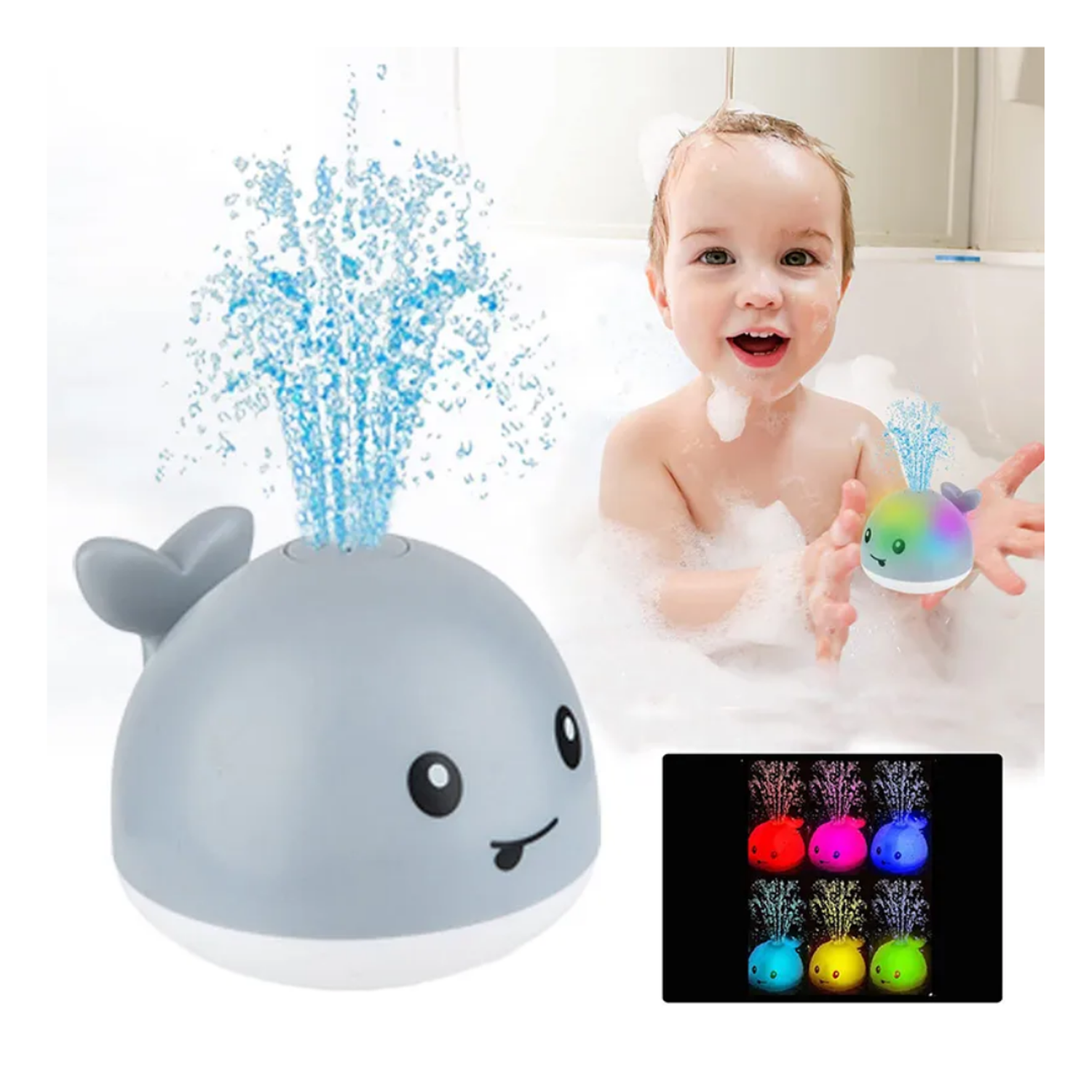 Ballena juguete de baño flotante, rociador de agua con luces-5