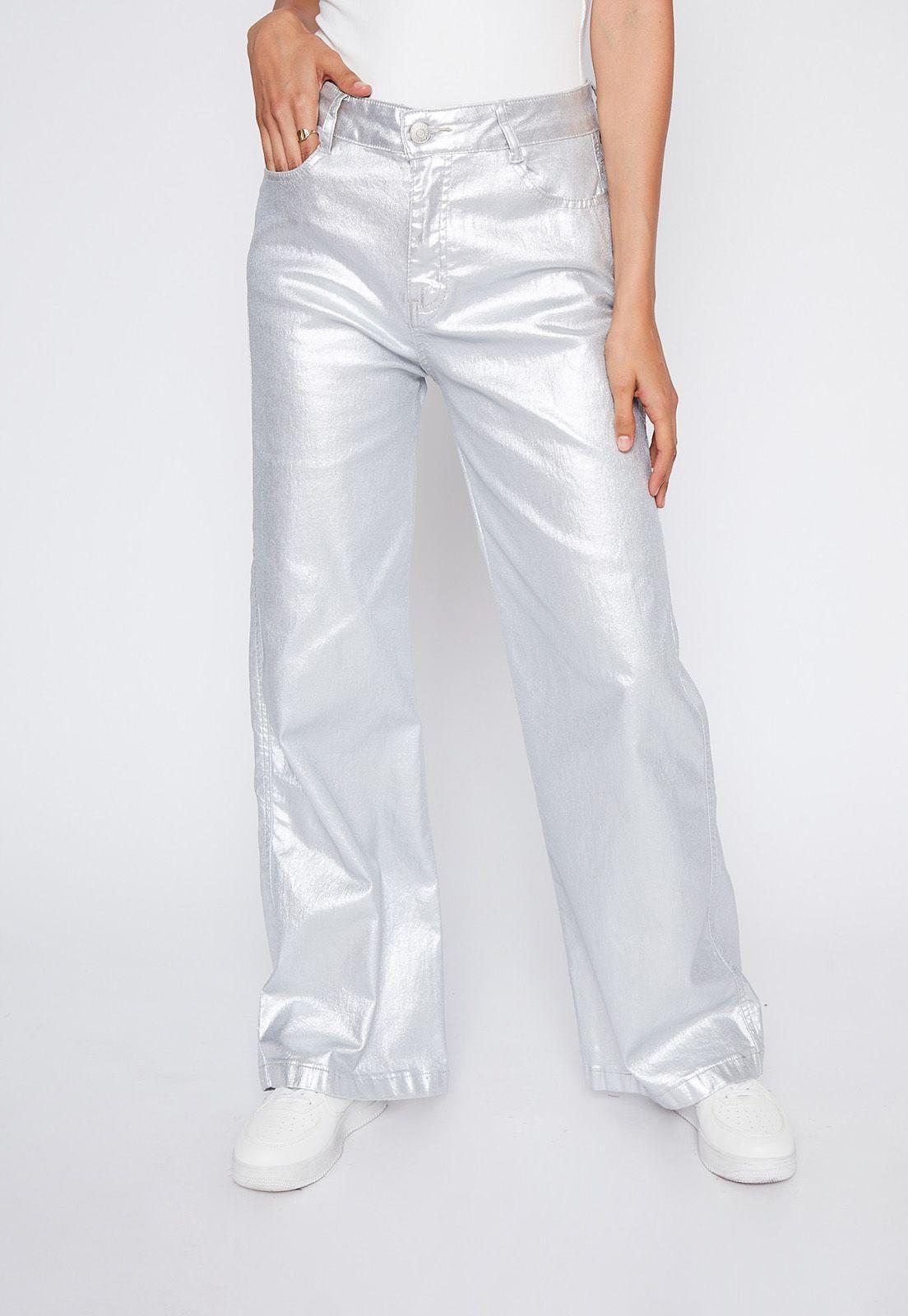 Pantalón Mujer Plateado Metalizado Wide Leg Family Shop-0