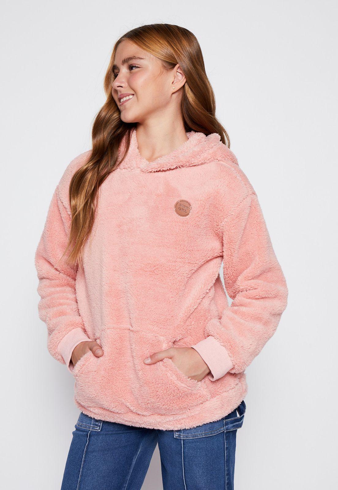 Polerón Peludo Hoodie Largo Rosado Family Shop-0