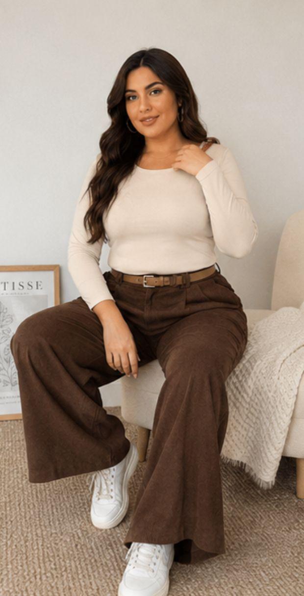 Pantalón de Cotelé Mujer Tiro Alto Wide Leg con Cinturón TALLA L-1