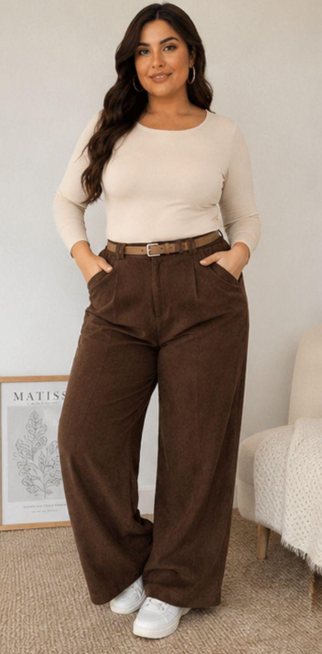 Pantalón de Cotelé Mujer Tiro Alto Wide Leg con Cinturón TALLA L-2