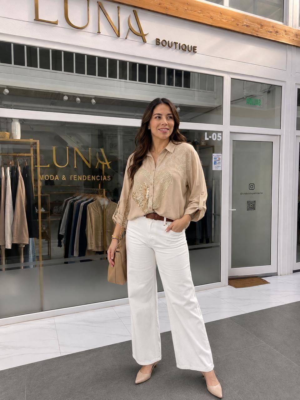 Blusa Amapola de Mujer Corazón Lentejuelas Doradas Beige Manga Larga M L-0