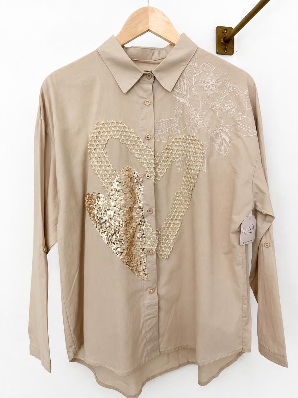 Blusa Amapola de Mujer Corazón Lentejuelas Doradas Beige Manga Larga M L-1