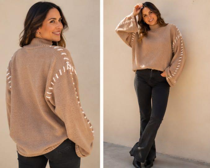 Sweater Mujer Cuello Alto con Mangas Campana y Detalles Decorativos-0