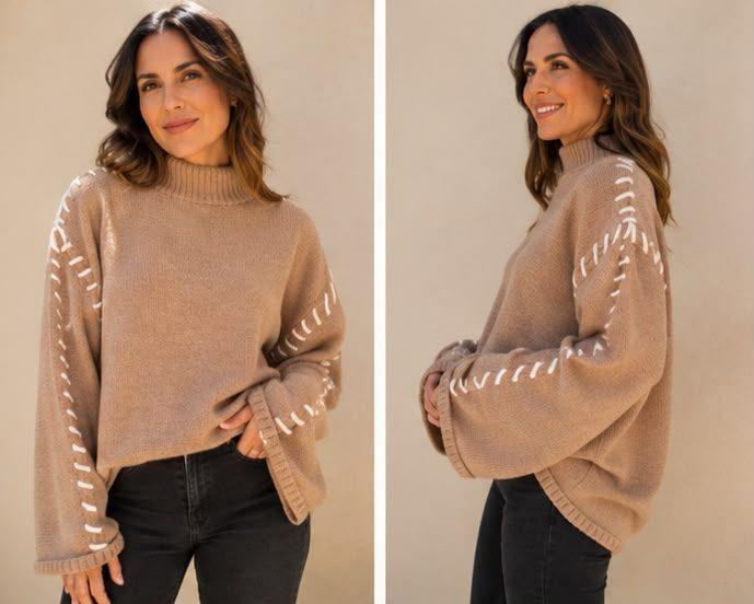 Sweater Mujer Cuello Alto con Mangas Campana y Detalles Decorativos-1