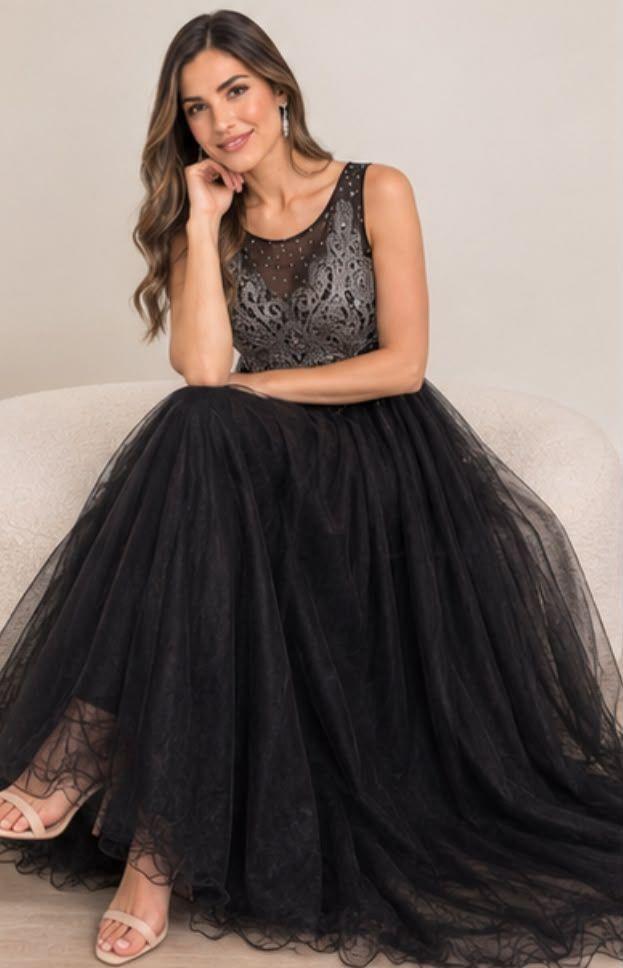 Vestido Largo Gala Negro Con Brillo Plata Fiesta Graduación Noche Talla L-2