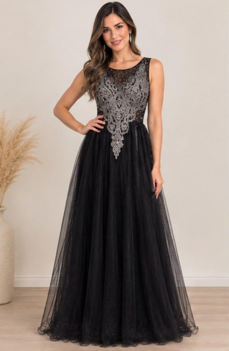 Vestido Largo Gala Negro Con Brillo Plata Fiesta Graduación Noche Talla L-3