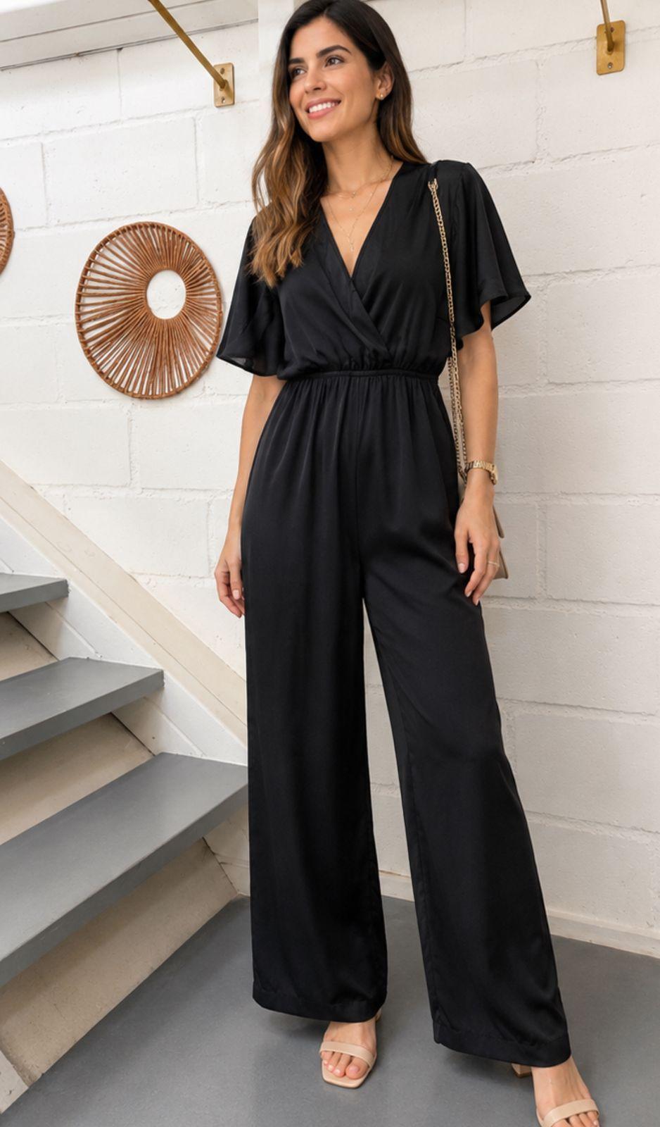 Enterito Largo Mujer Satin Negro Fiesta Manga Vuelo Palazzo TALLA S-0