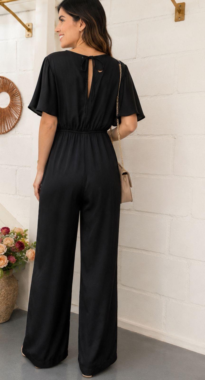 Enterito Largo Mujer Satin Negro Fiesta Manga Vuelo Palazzo TALLA S-2
