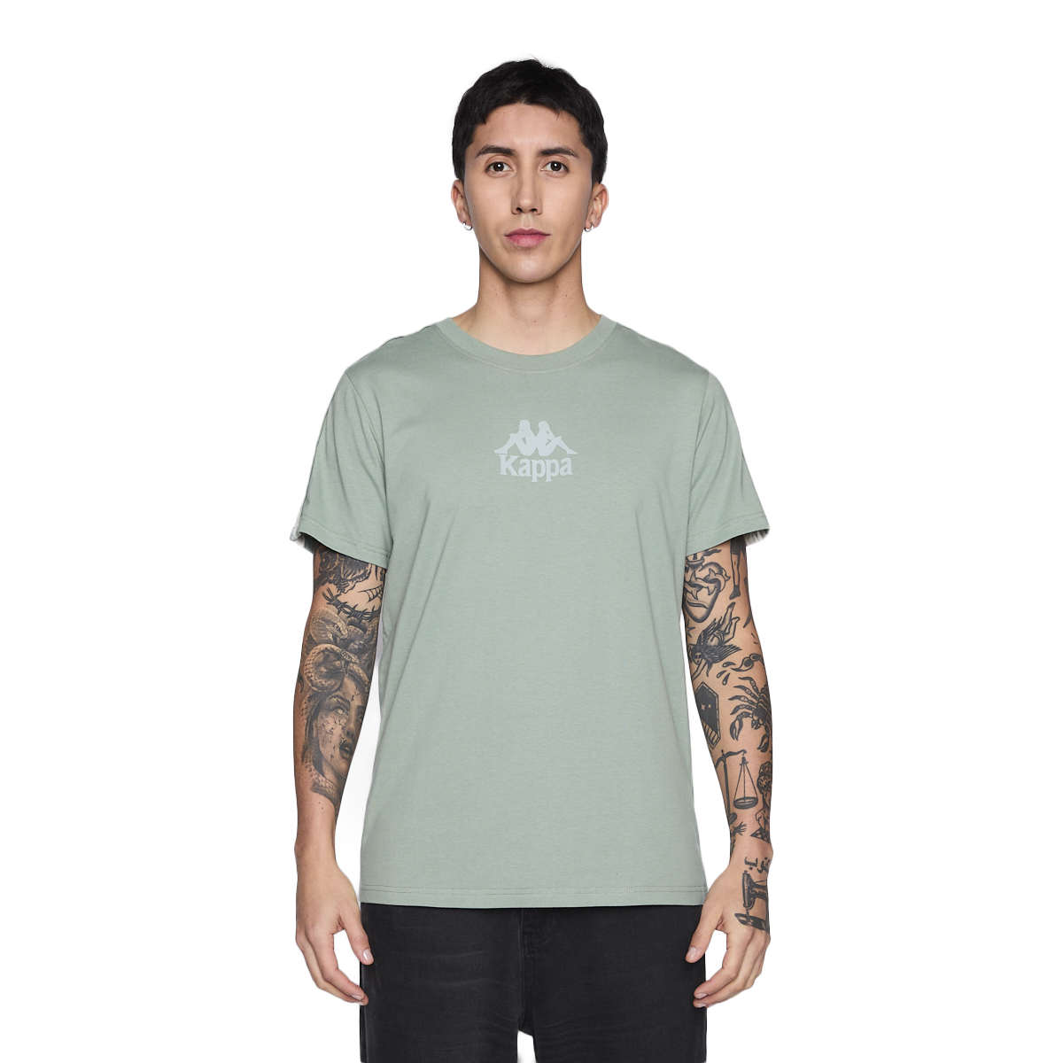 Polera Kappa Men Banda Green Logo Front White-0