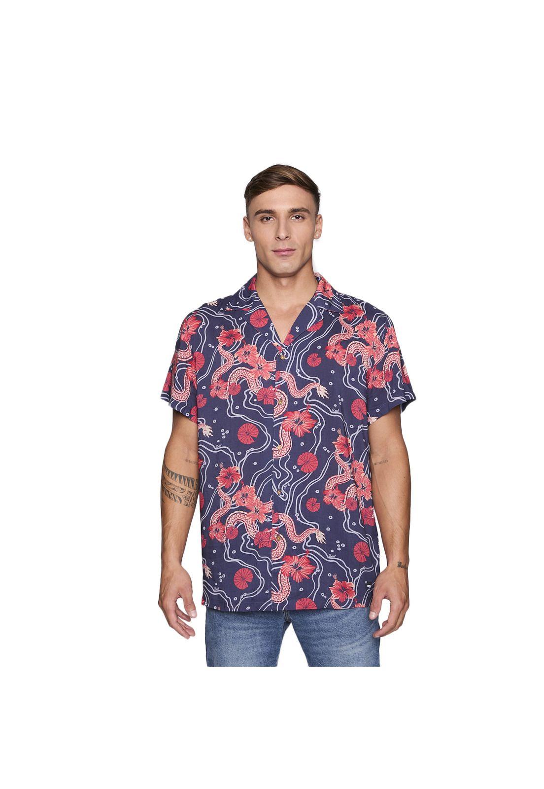 Camisa Reef Men Azul Dragones Rojos y Flores-0