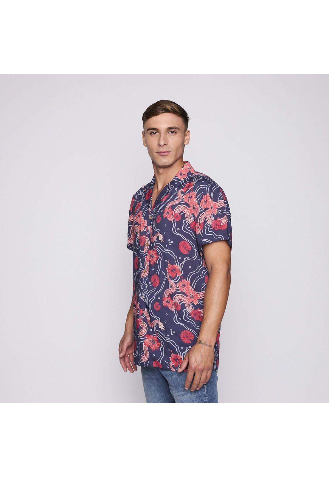 Camisa Reef Men Azul Dragones Rojos y Flores-1