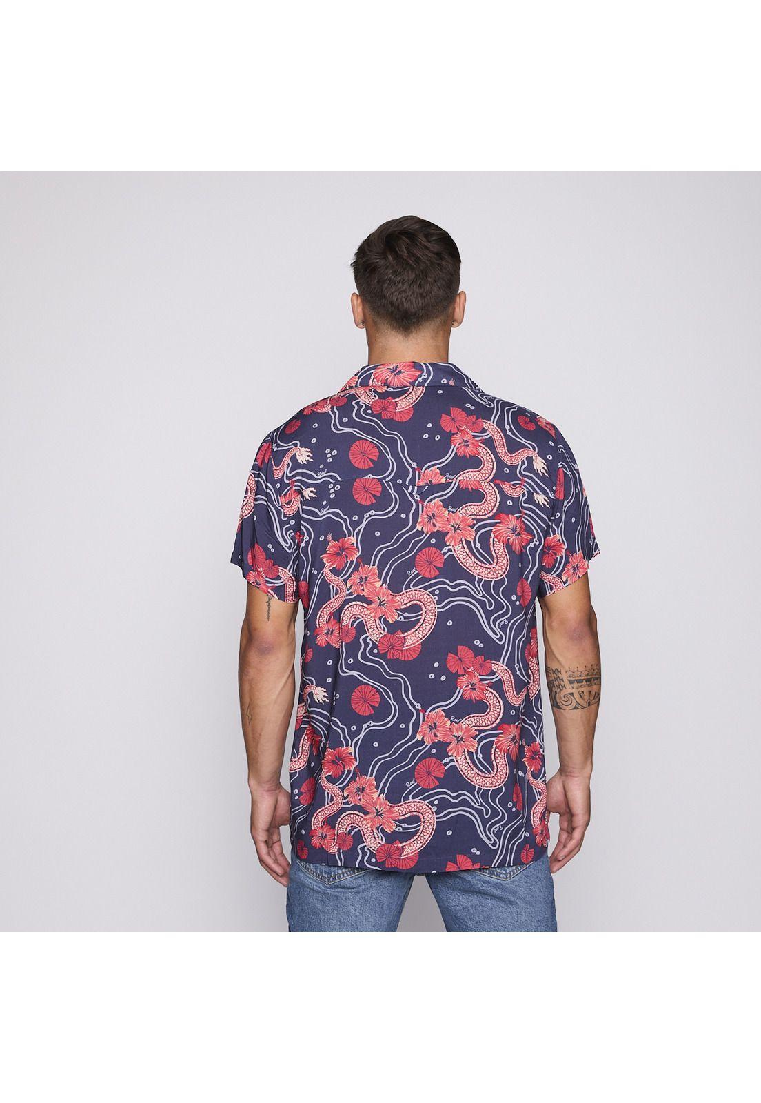 Camisa Reef Men Azul Dragones Rojos y Flores-2