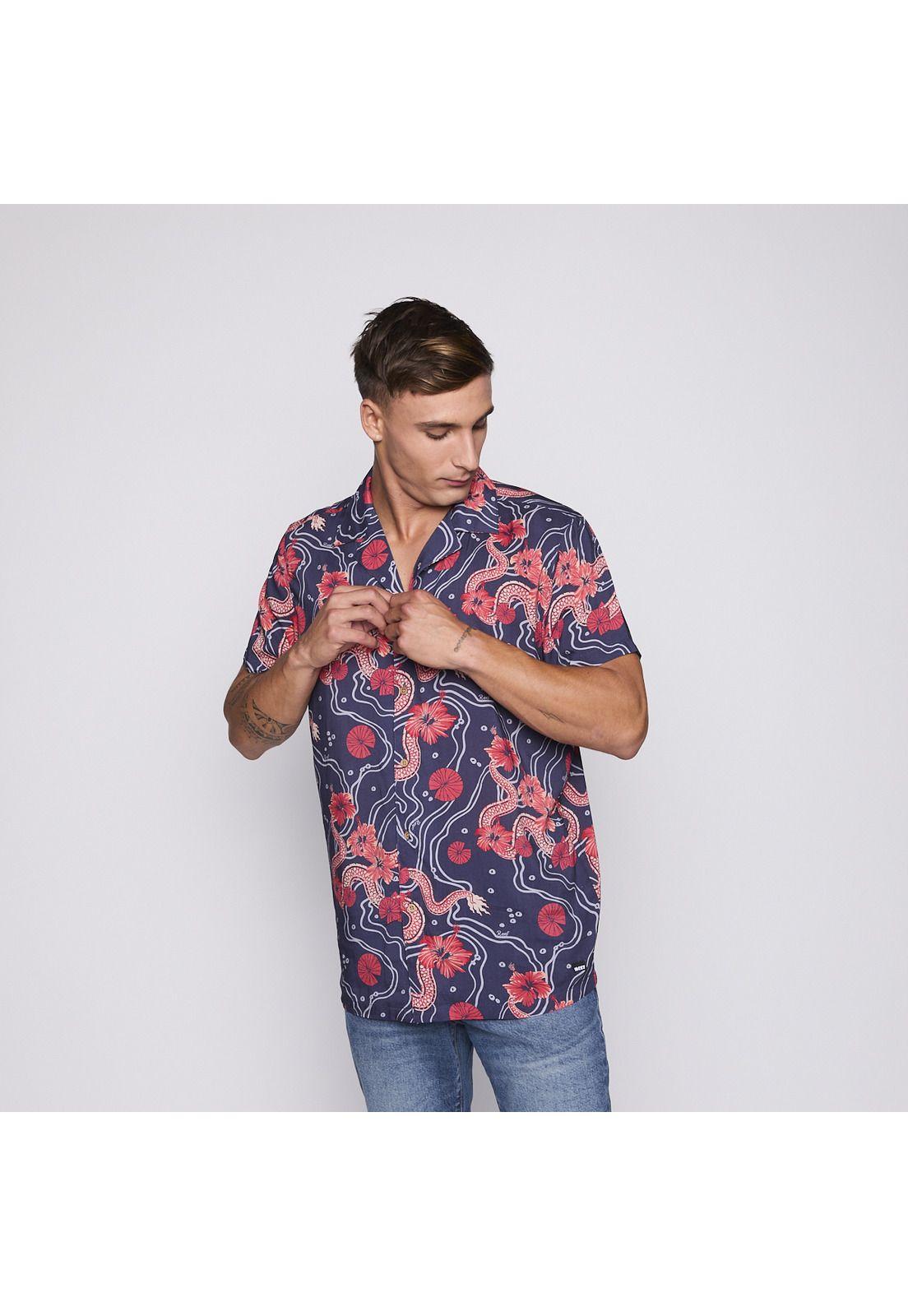Camisa Reef Men Azul Dragones Rojos y Flores-3