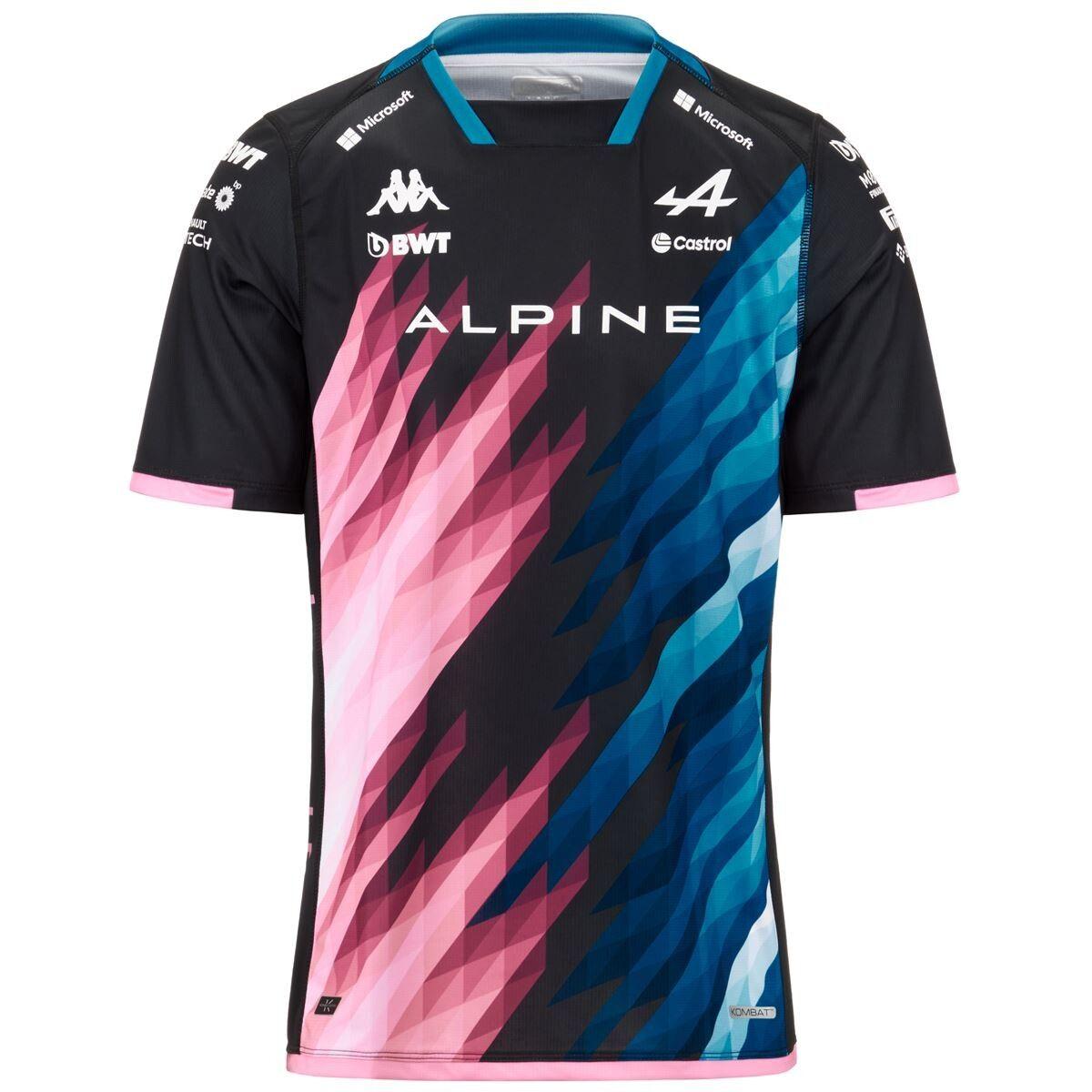 Camiseta Piloto Kappa Men Kombat 2024 Alpine F1 Black Blue Dresden Pink Begonia-0