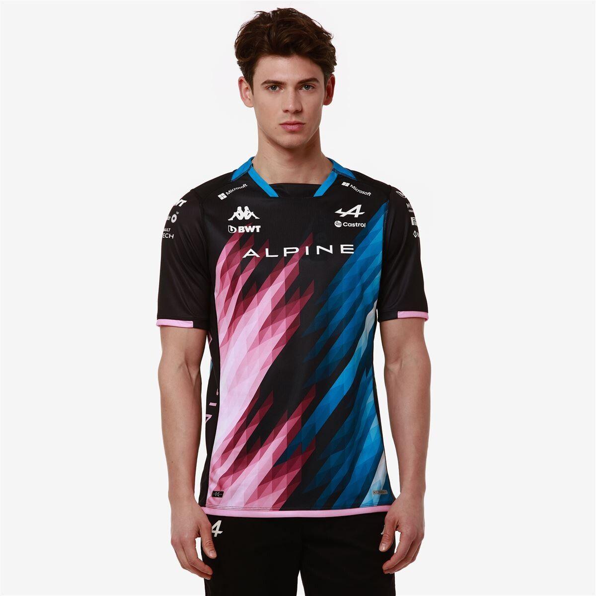 Camiseta Piloto Kappa Men Kombat 2024 Alpine F1 Black Blue Dresden Pink Begonia-1