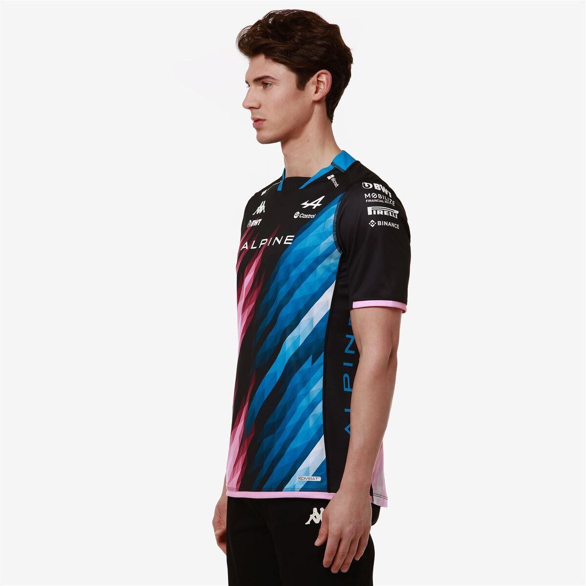 Camiseta Piloto Kappa Men Kombat 2024 Alpine F1 Black Blue Dresden Pink Begonia-2