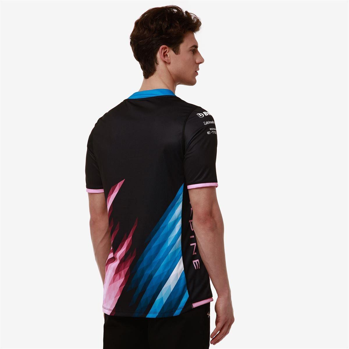 Camiseta Piloto Kappa Men Kombat 2024 Alpine F1 Black Blue Dresden Pink Begonia-3