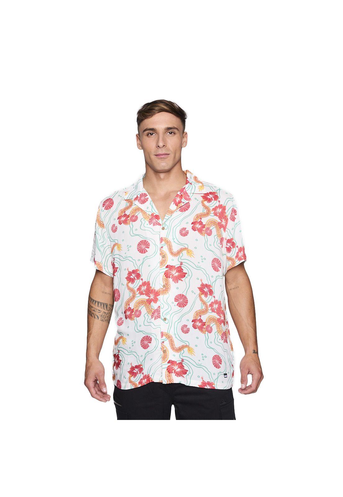 Camisa Reef Men Blanca Dragones Rojos y Flores-0