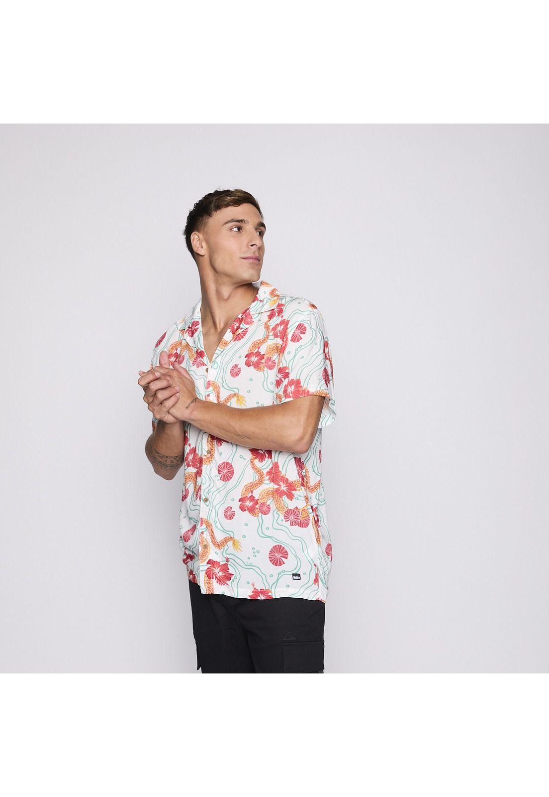 Camisa Reef Men Blanca Dragones Rojos y Flores-3