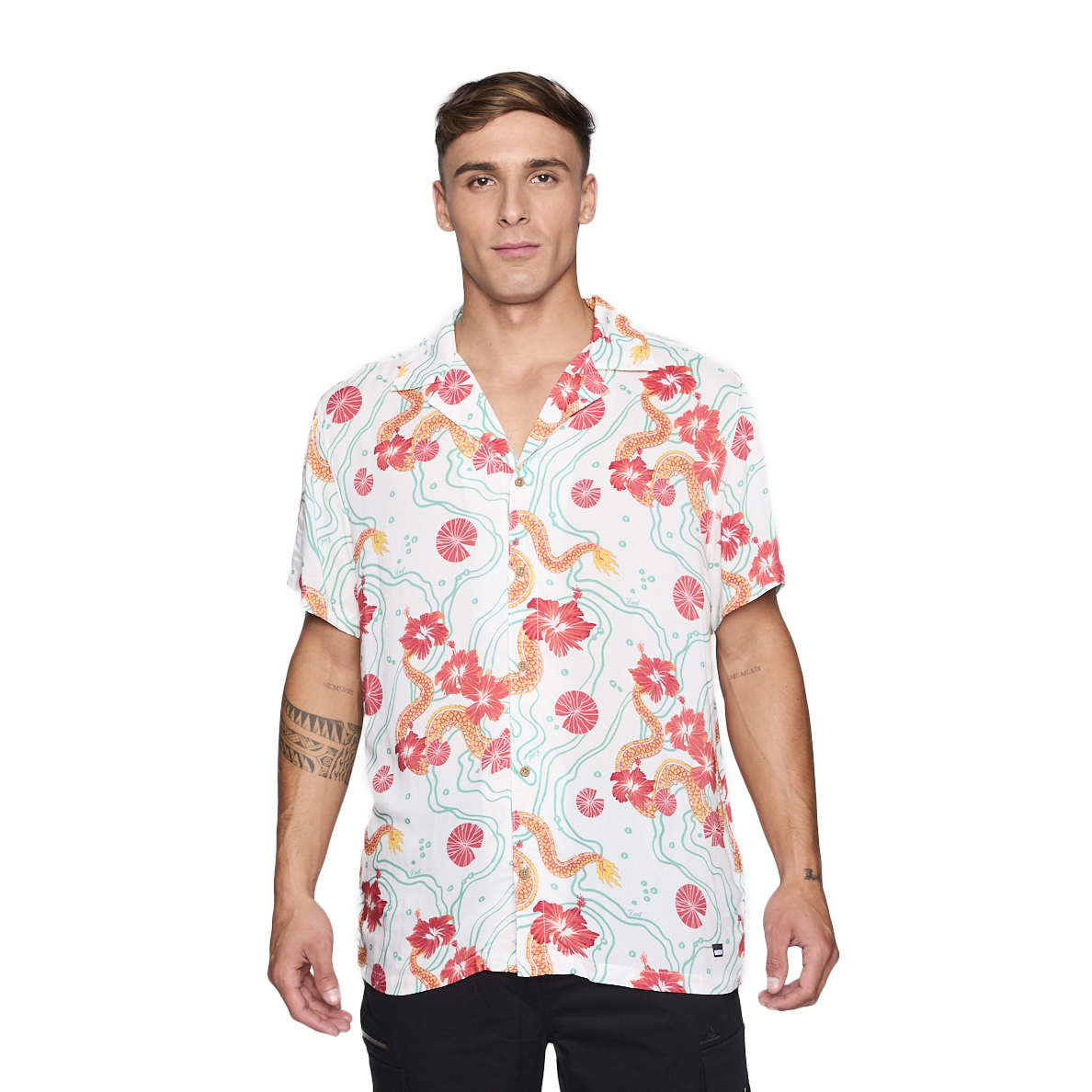 Camisa Reef Men Blanca Dragones Rojos y Flores-0