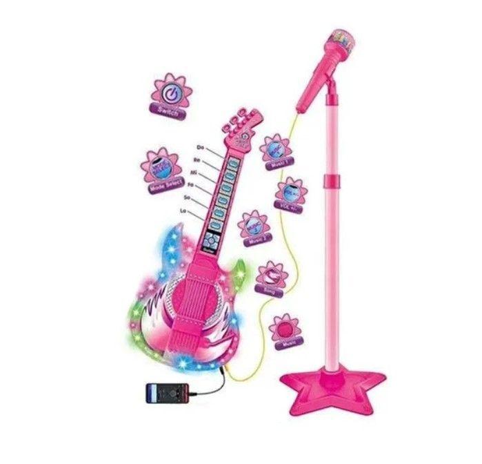 Set Guitarra Microfono Pedestal Juguete Mp3 Luces -2