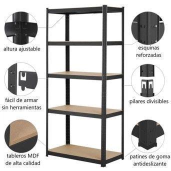 ESTANTE METALICO NEGRO 180X90X40CM 5 REPISAS DE MDF AJUSTABLES 175K POR REPISA-2
