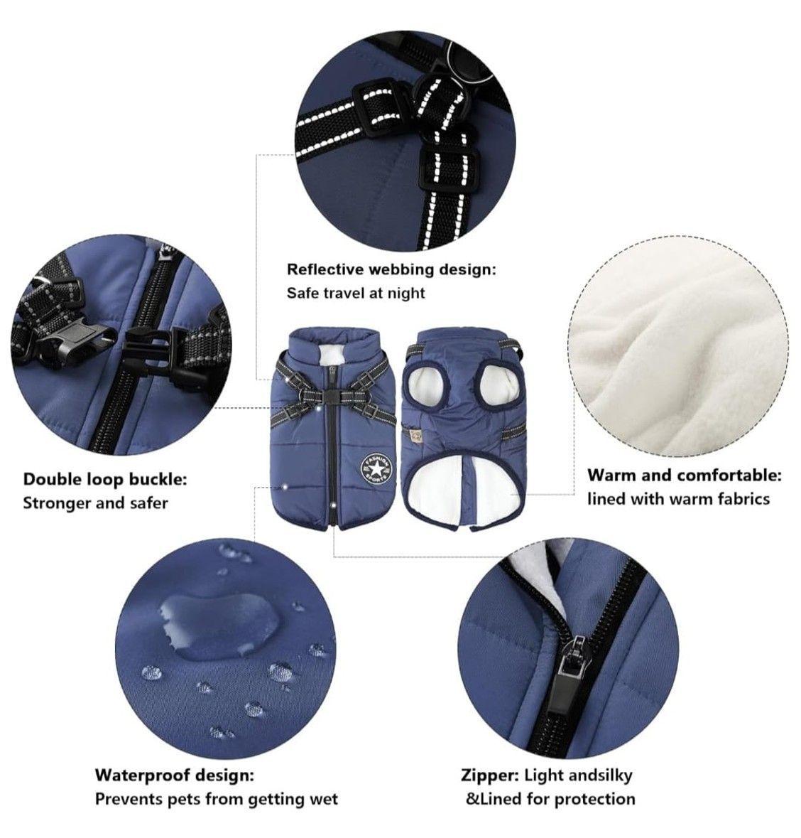 Parka Chaqueta Impermeable para Mascotas Perros Talla L Azul con Arnés-3