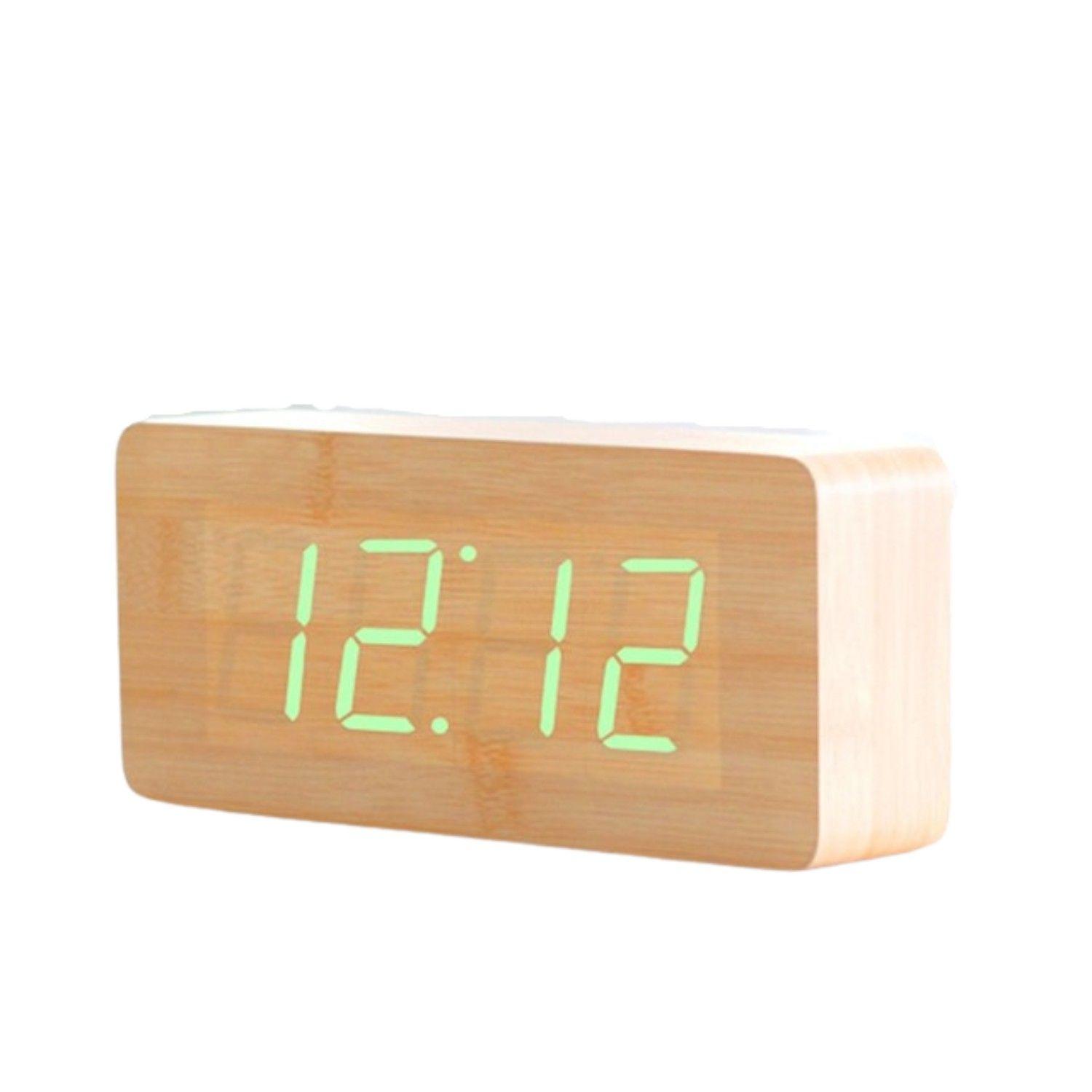 Reloj despertador digital de madera luz led verde-2