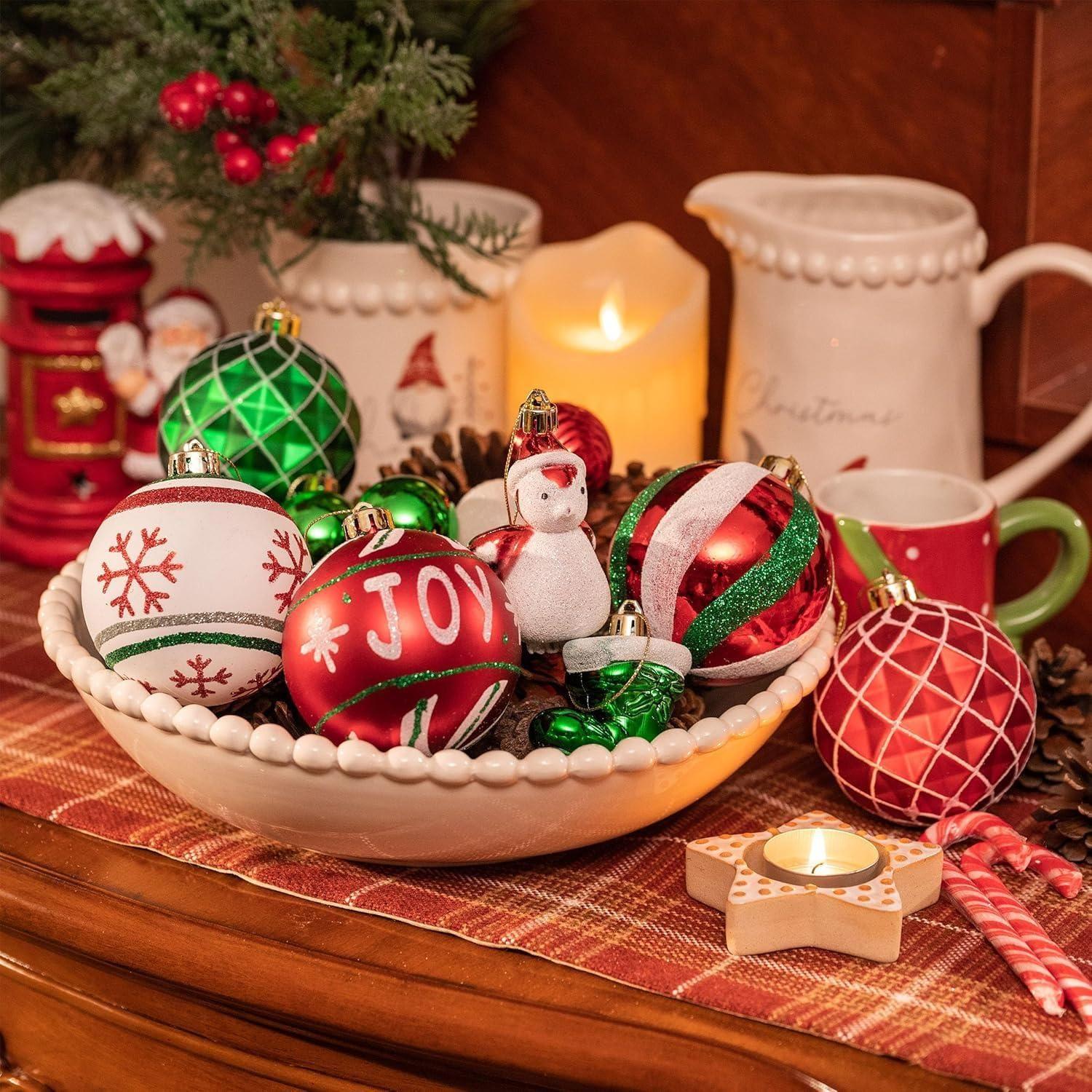 Set 60 adornos navideños blanco/rojo-3