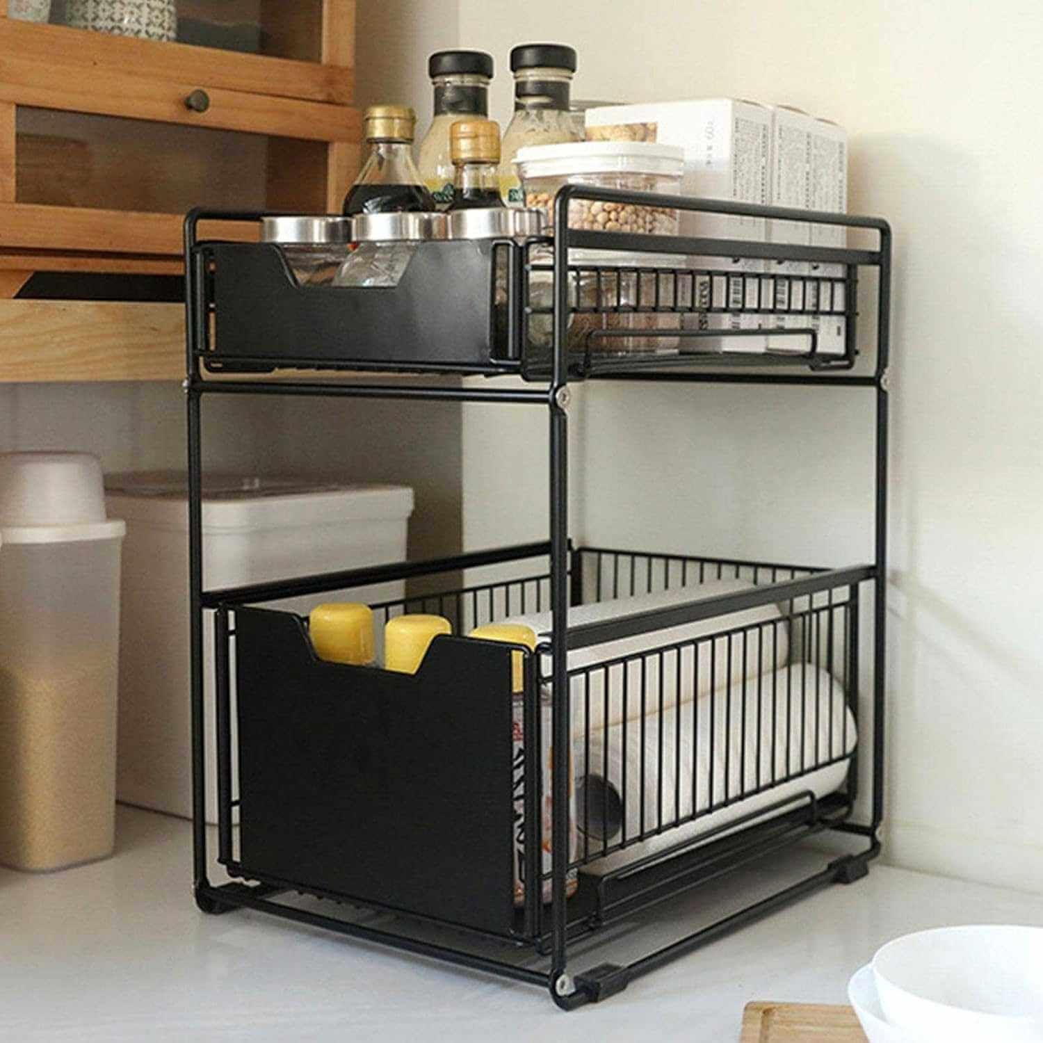 Organizador cesta de cocina y baño 2 niveles negro-3