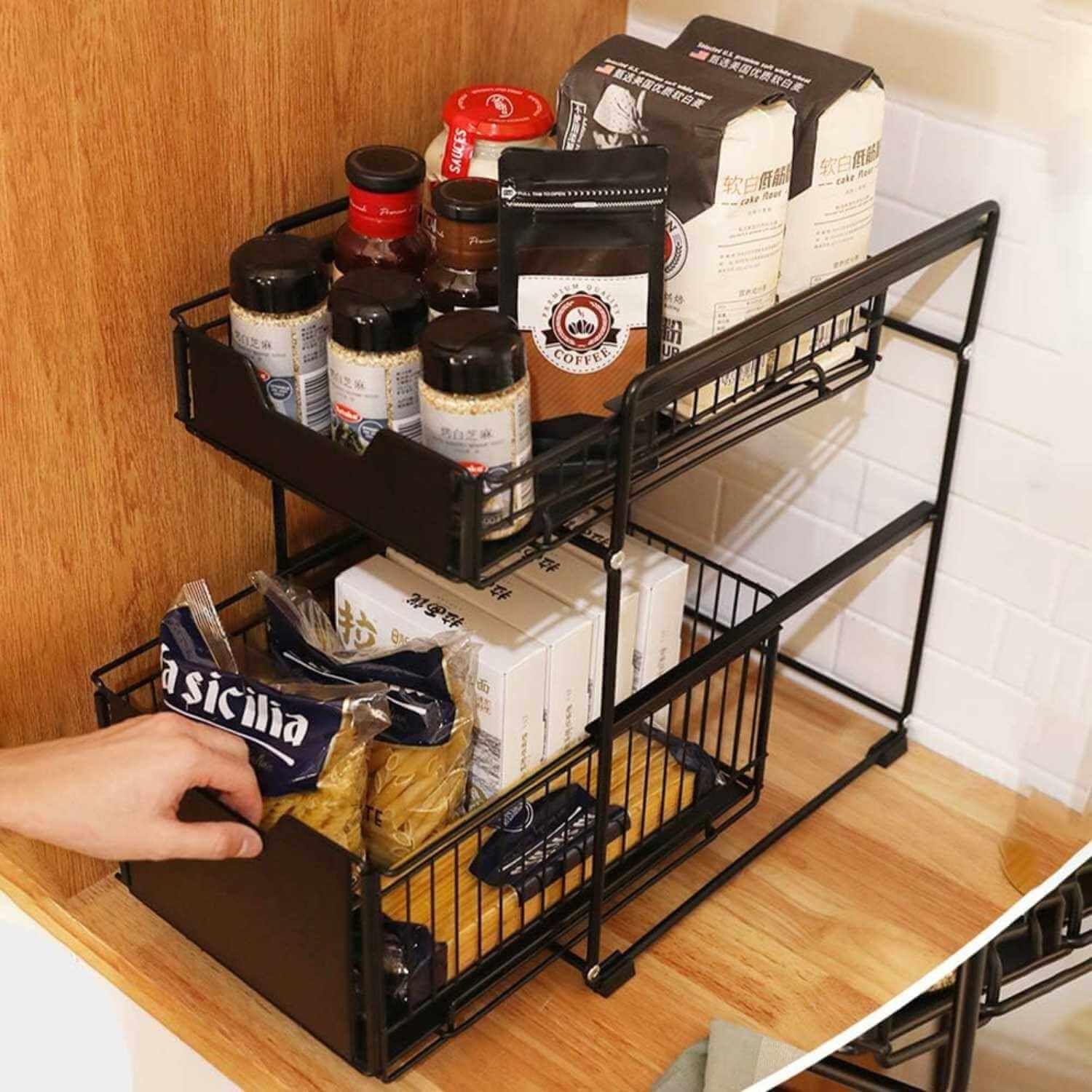 Organizador cesta de cocina y baño 2 niveles negro-5