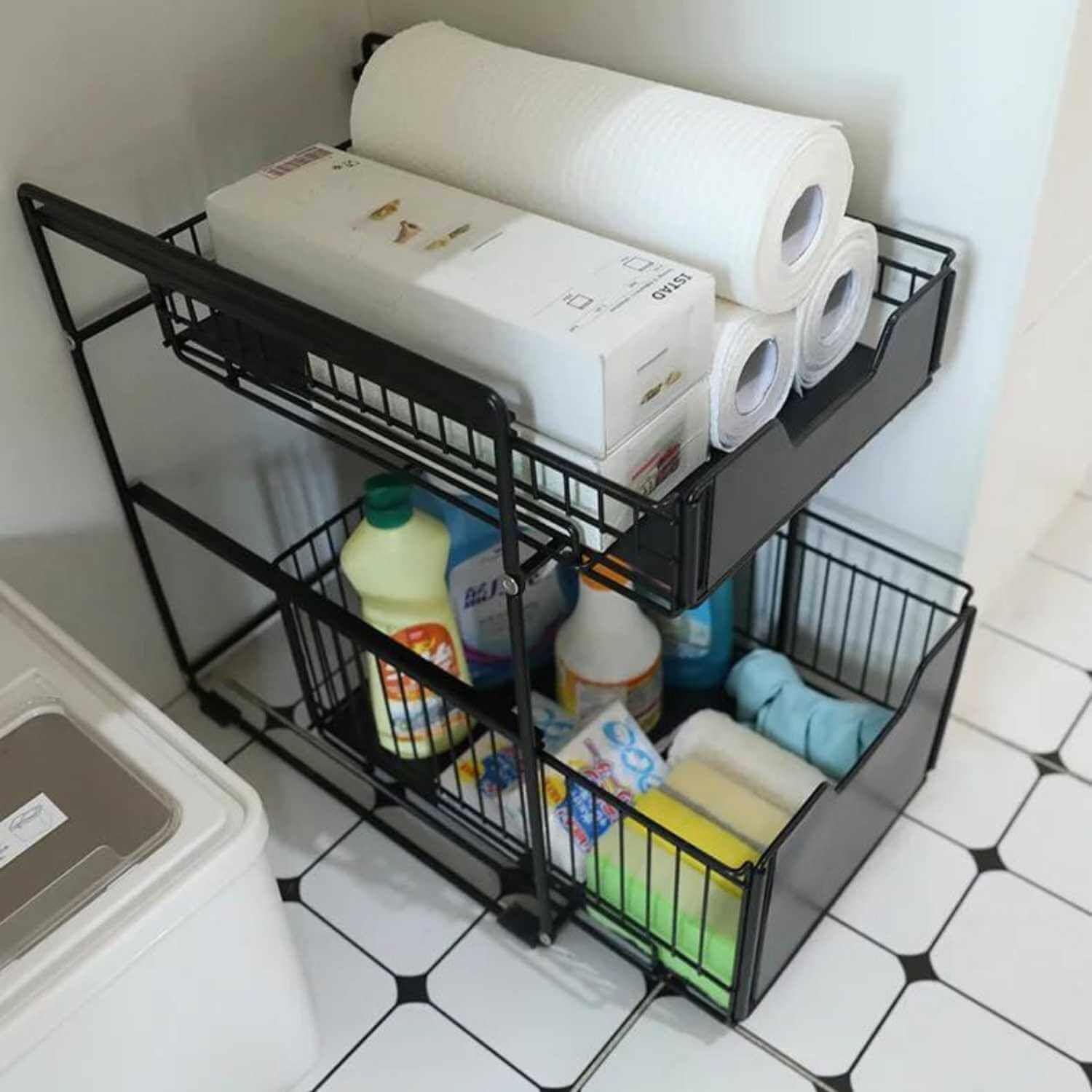 Organizador cesta de cocina y baño 2 niveles negro-6