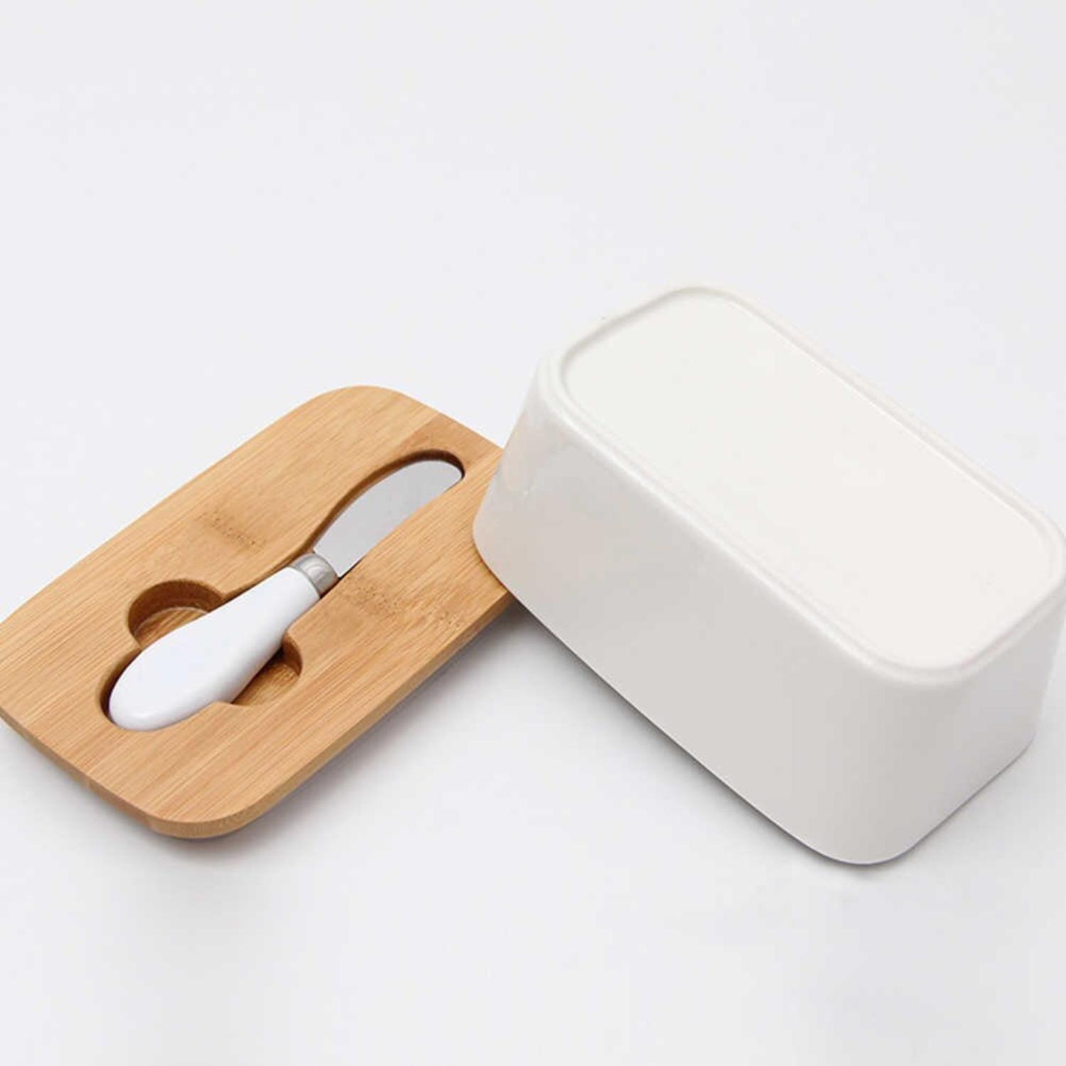 Mantequillero de cerámica con tapa de madera-3