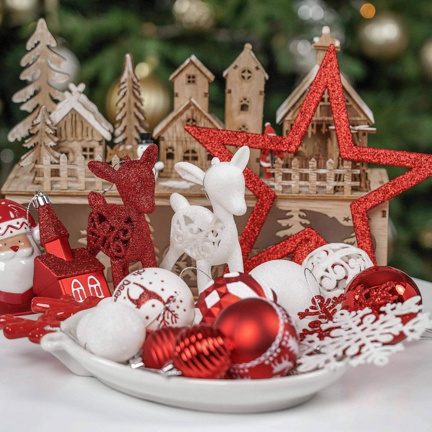 Set 100 adornos navideños rojo/blanco-3