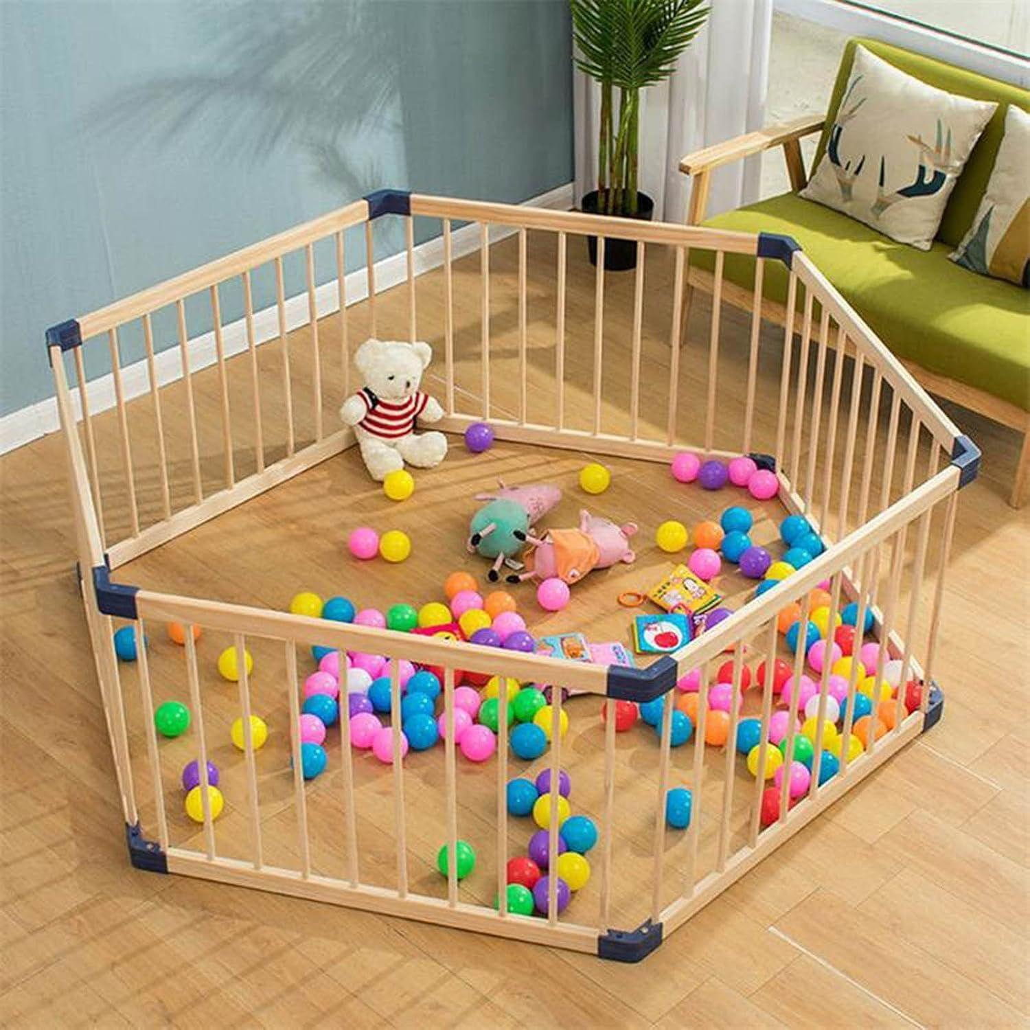 Corral portátil de madera hexagonal para niños-3