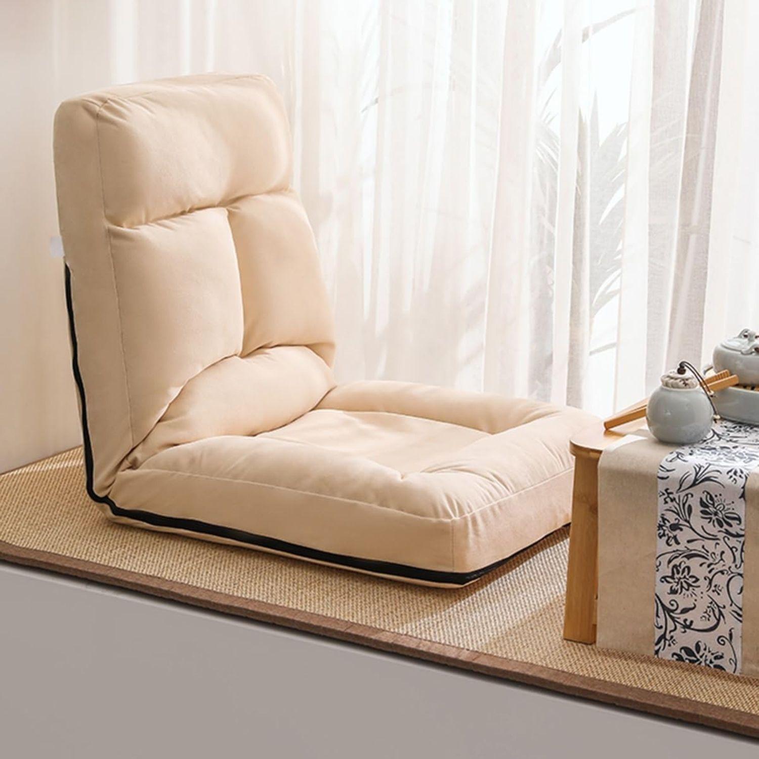 Sofá puff de piso reclinable beige-4