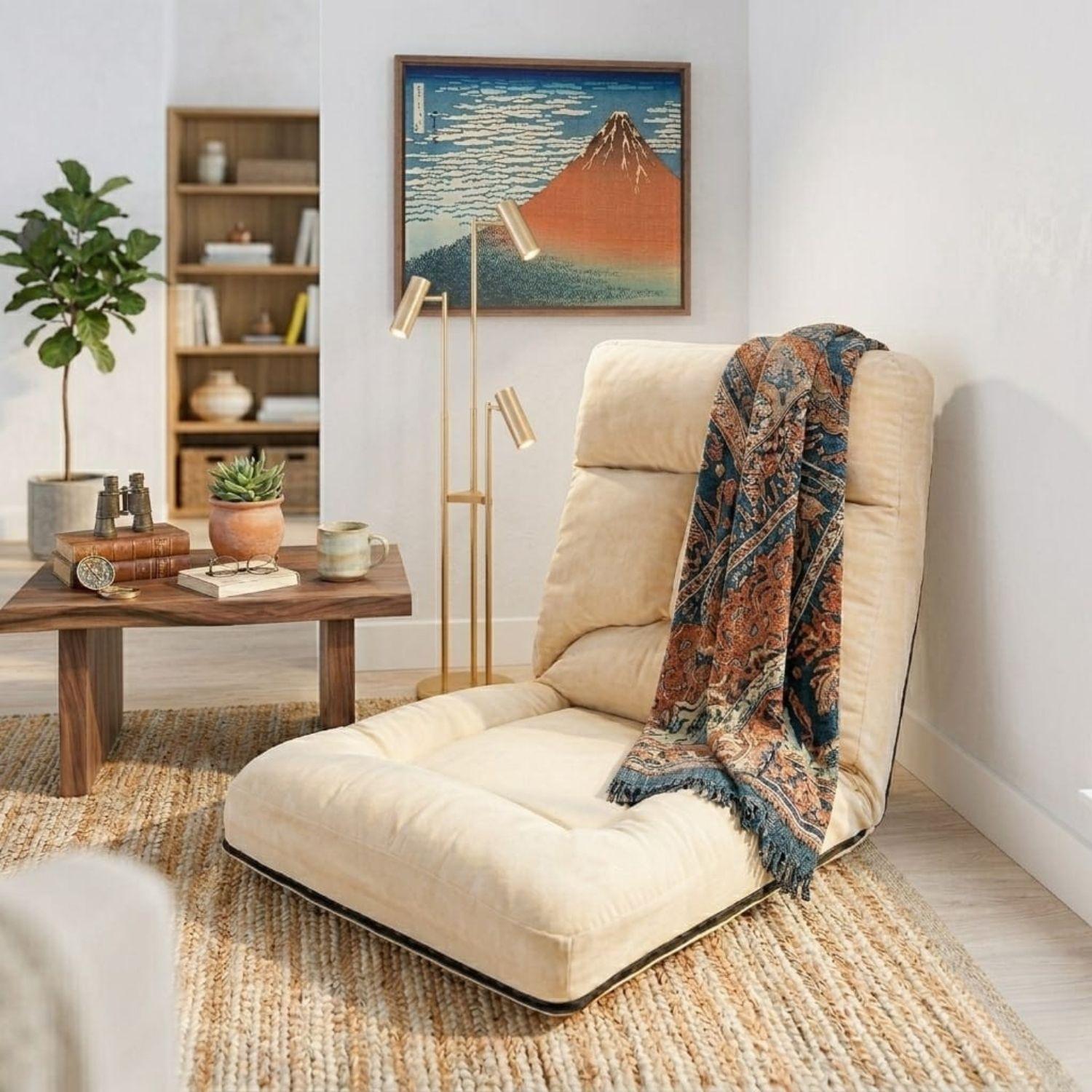 Sofá puff de piso reclinable beige-5