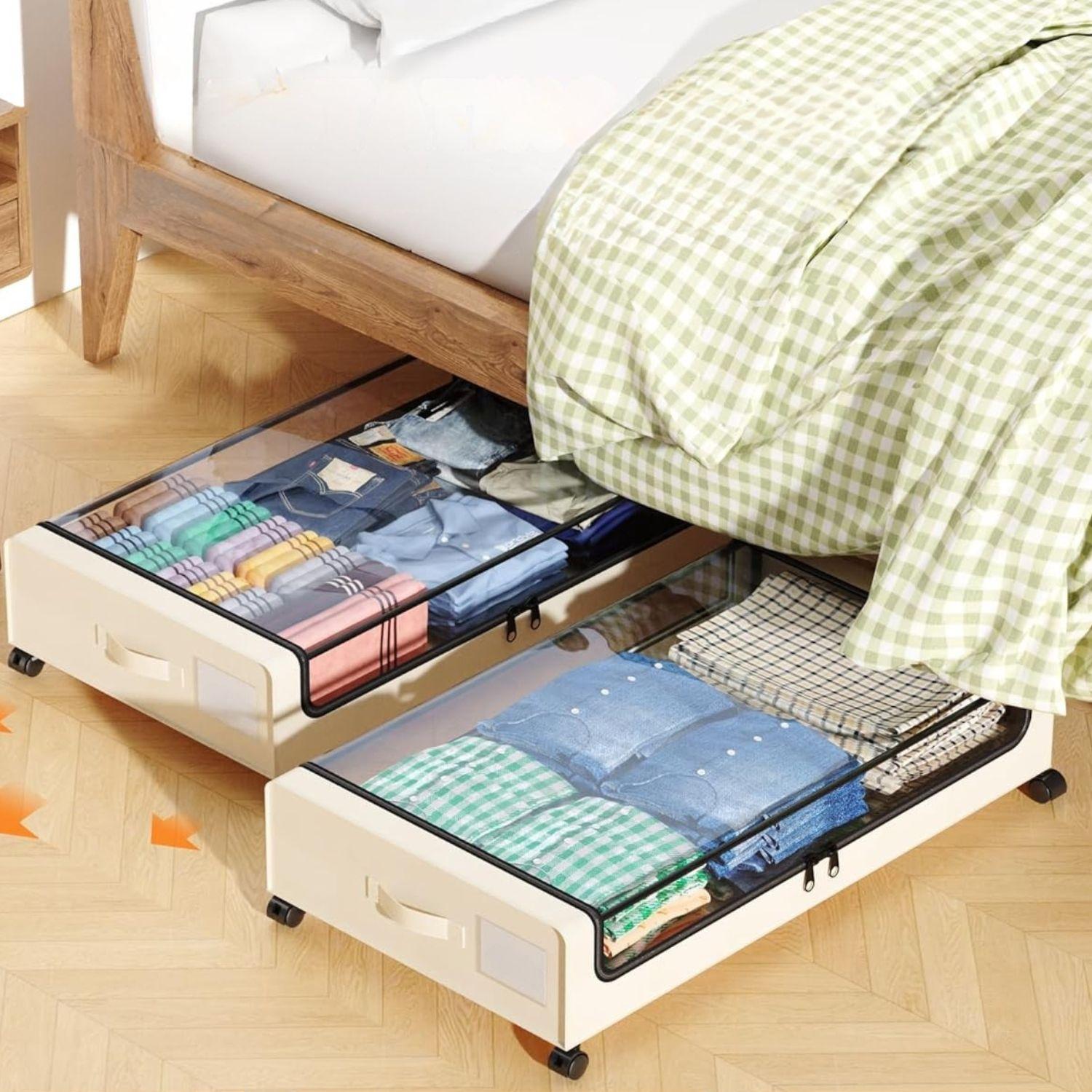 Organizador bajo cama con ruedas beige-5