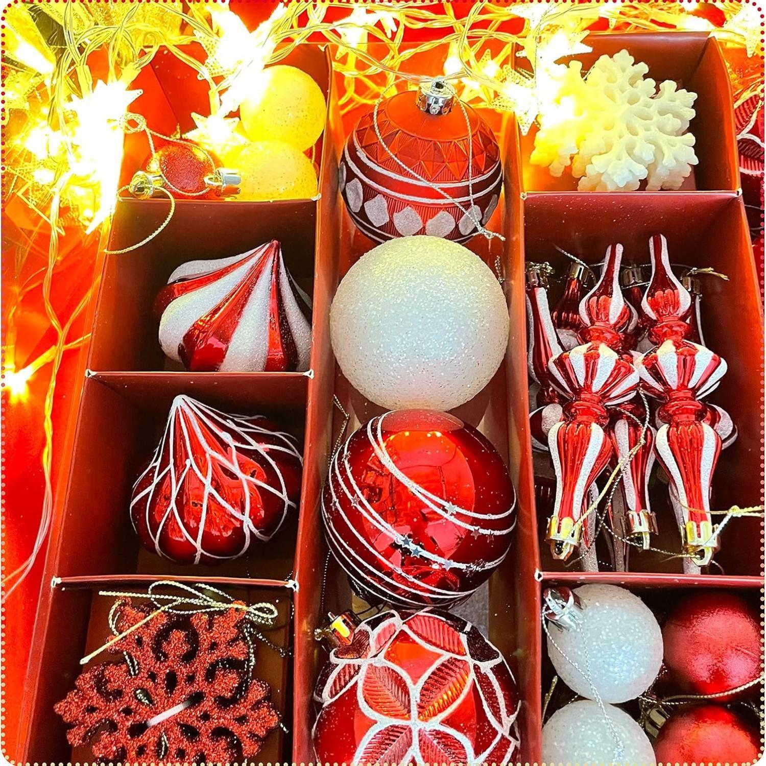 Set 50 adornos navideños blanco/rojo-6